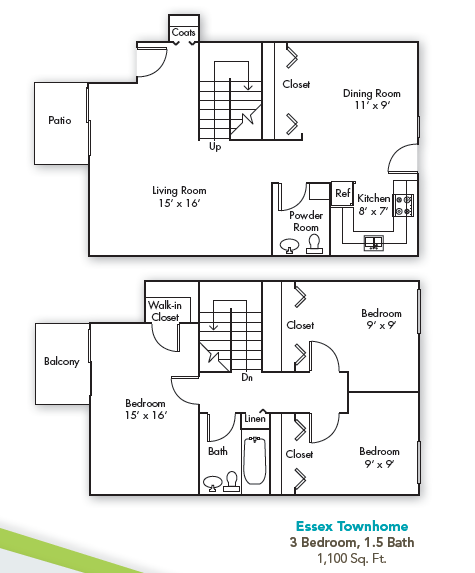 Floor plan for 3 beds, 1.5 baths, 1100 sqft